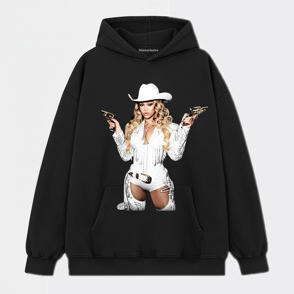 MaisonAurive Vasket Western Hip-Hop T-shirt – Cowboyhat Blond portræt Vandvasket trækul