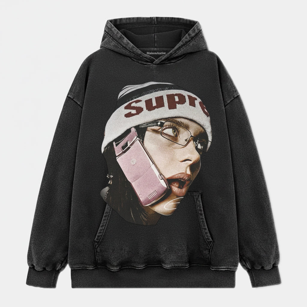 MaisonAurive 水洗前衛街頭 T 卹 – 復古手機 & 無簷小便帽肖像水洗木炭