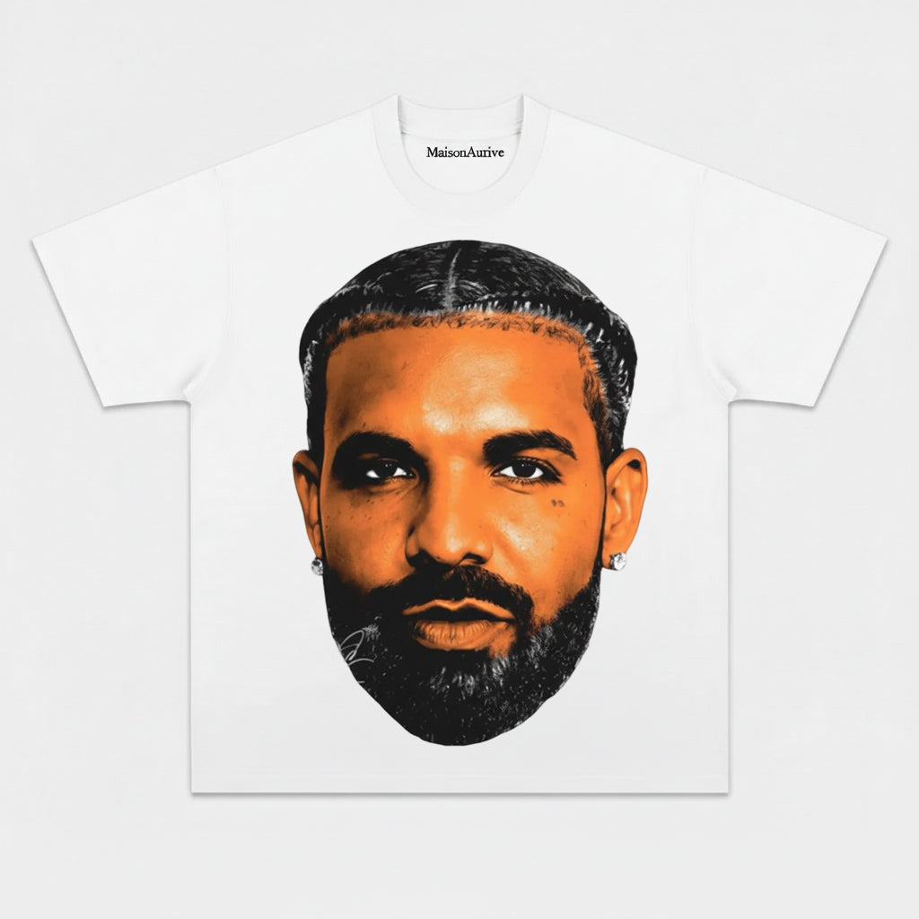 MaisonAurive ウォッシュド ブラック T シャツ – ドレイクの象徴的なポートレート グラフィック