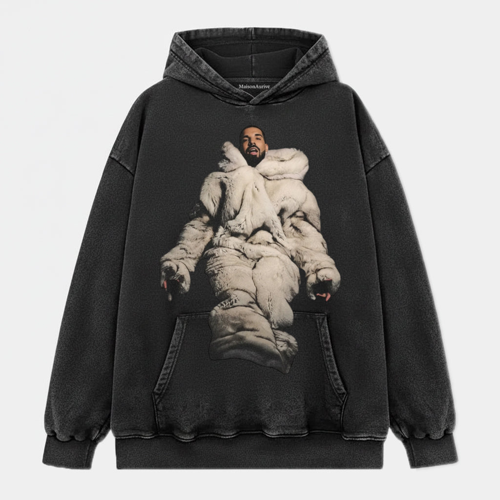 MaisonAurive ウォッシュド ヒップホップ T シャツ – ブラック |ホワイト |ウォーターウォッシュ グレー - ファー コートのポートレート グラフィック