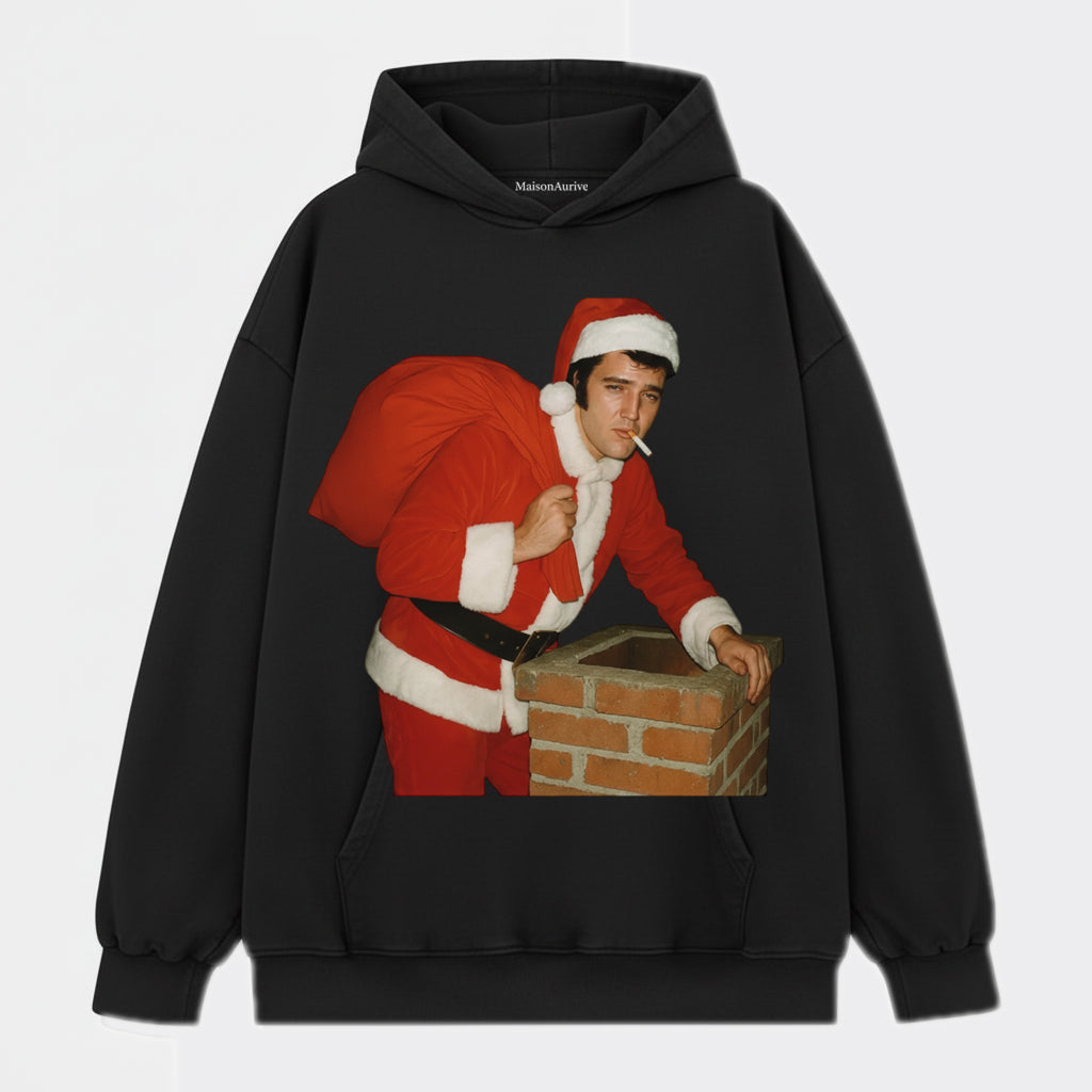 MaisonAurive טי היפ-הופ שטוף שחור/שטוף מים אפור - בגדי רחוב גראפיים עם ארובה רטרו סנטה