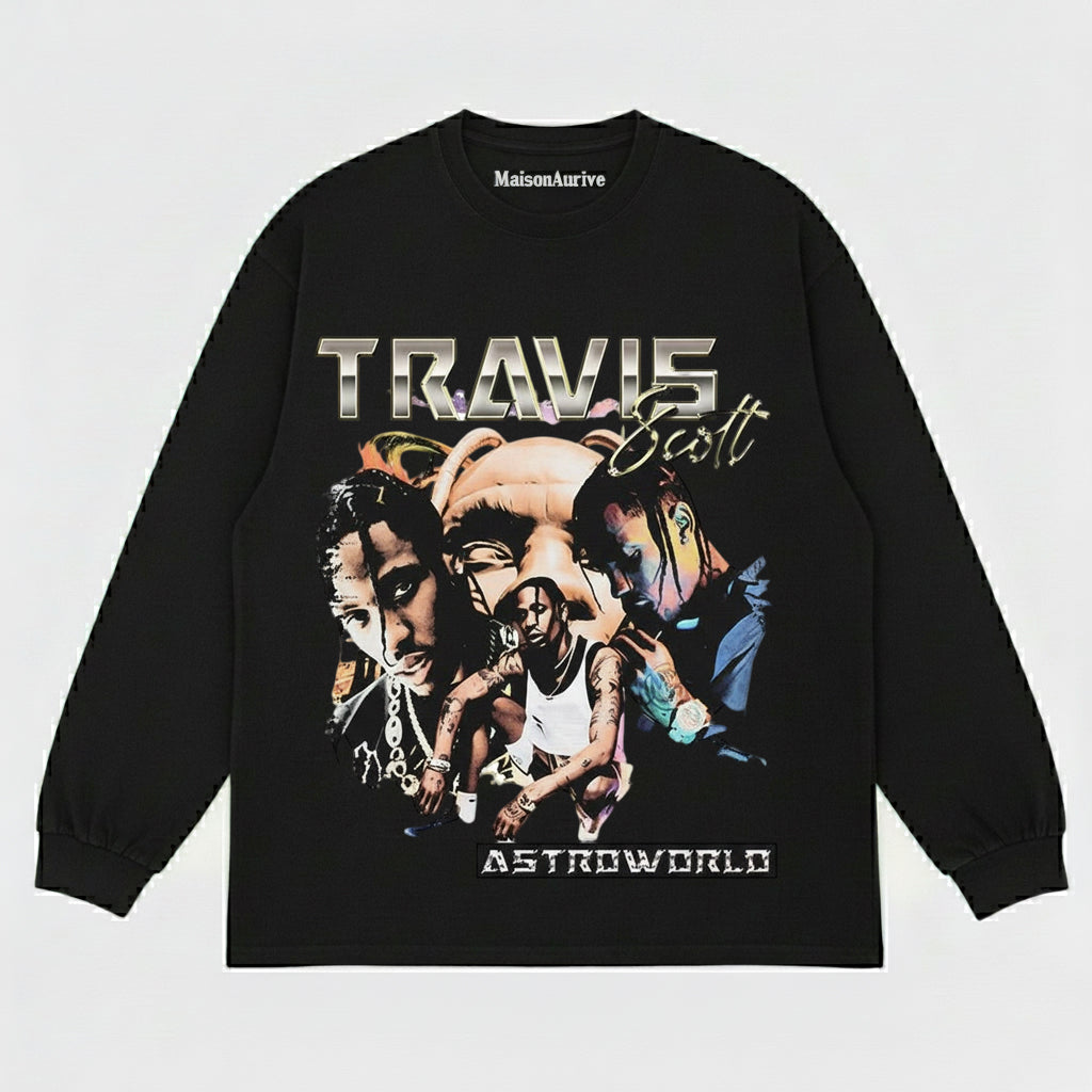 MaisonAurive ウォッシュド ヒップホップ T シャツ – ブラック |トラビス スコット アストロワールド グラフィック
