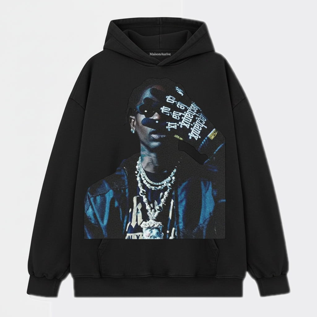 MaisonAurive Washed Hip-Hop Tee – Slogan Gesture & Chain Portrait Waterwashed Charcoal