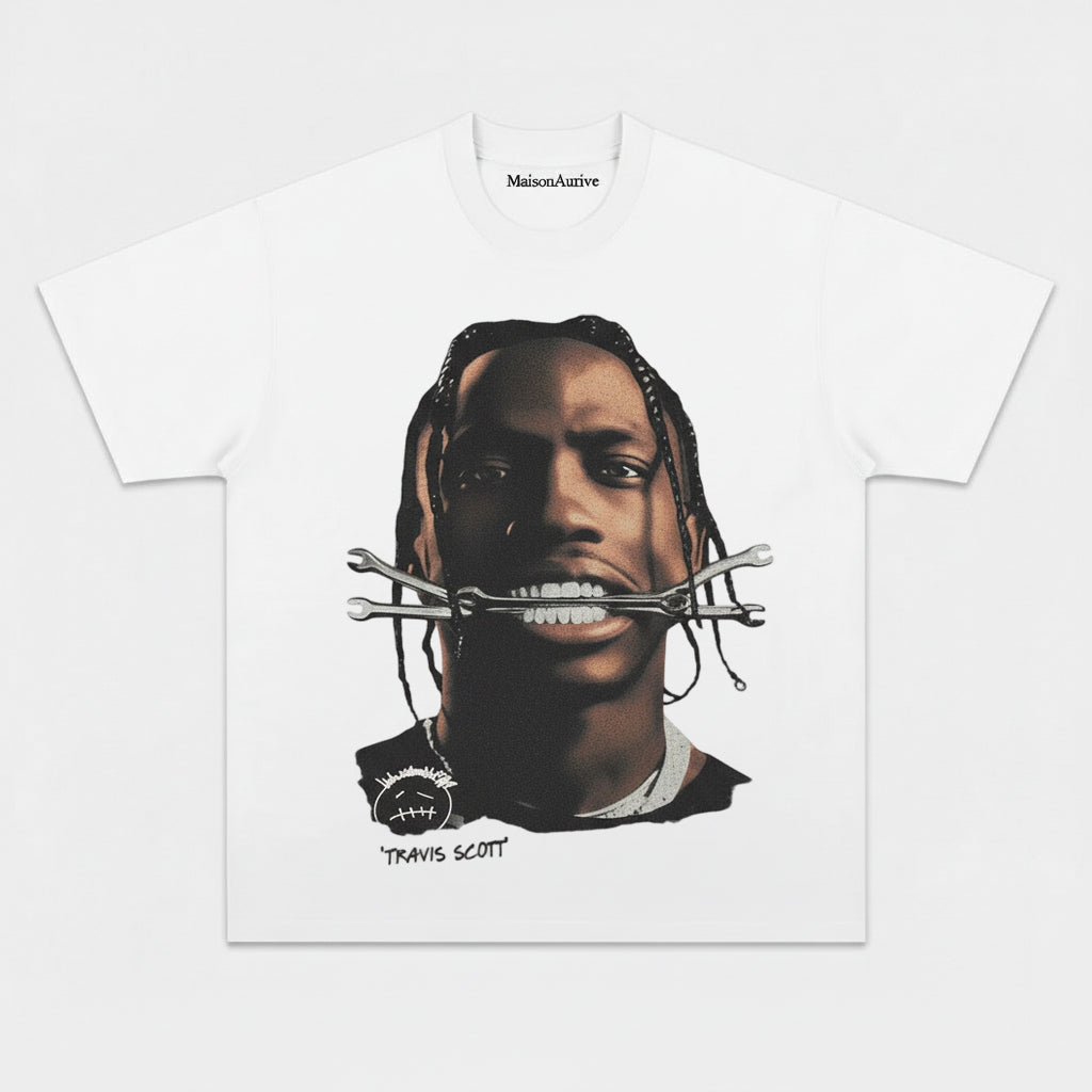 MaisonAurive ウォッシュド ヒップホップ T シャツ - ブラック |ホワイト |トラビス・スコット・レンチのグラフィック