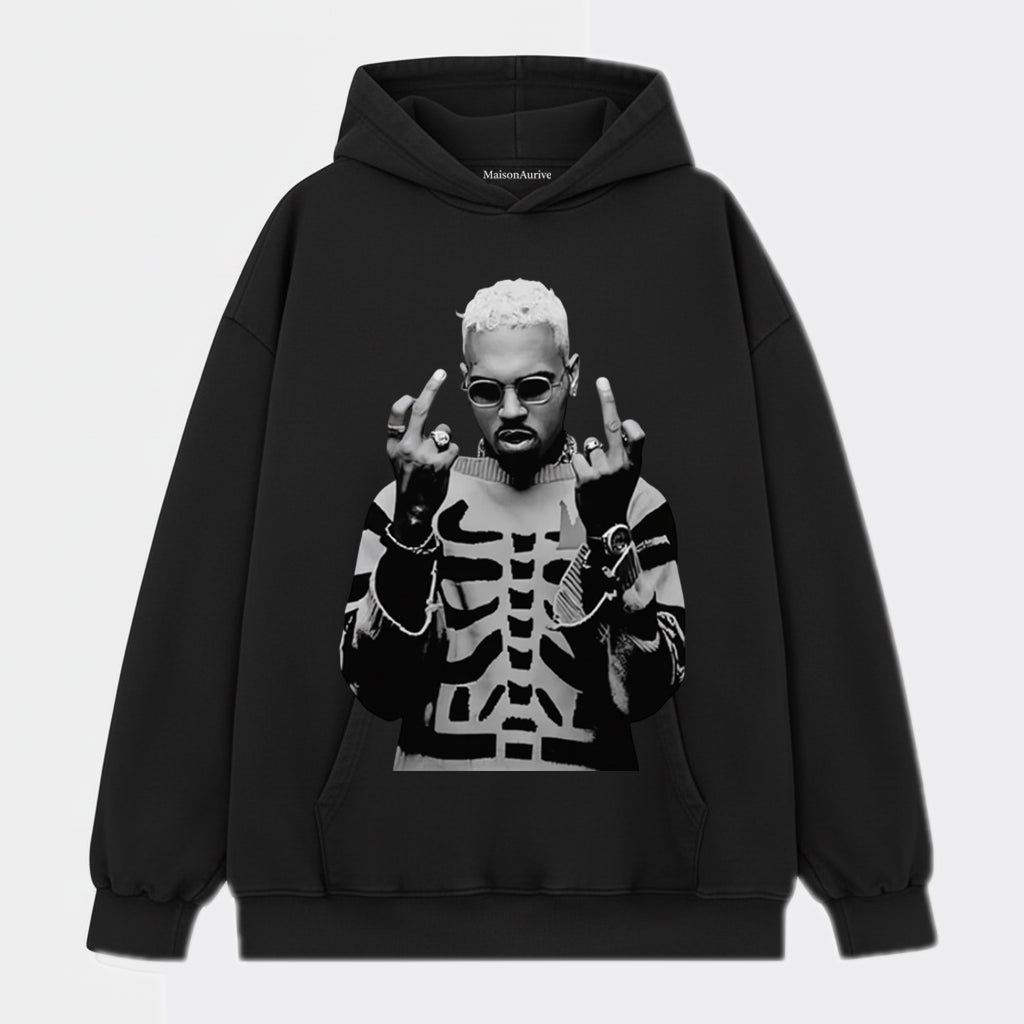 MaisonAurive Washed Hip-Hop Tee – Skeleton Print Gesture Portrait Waterwashed Charcoal