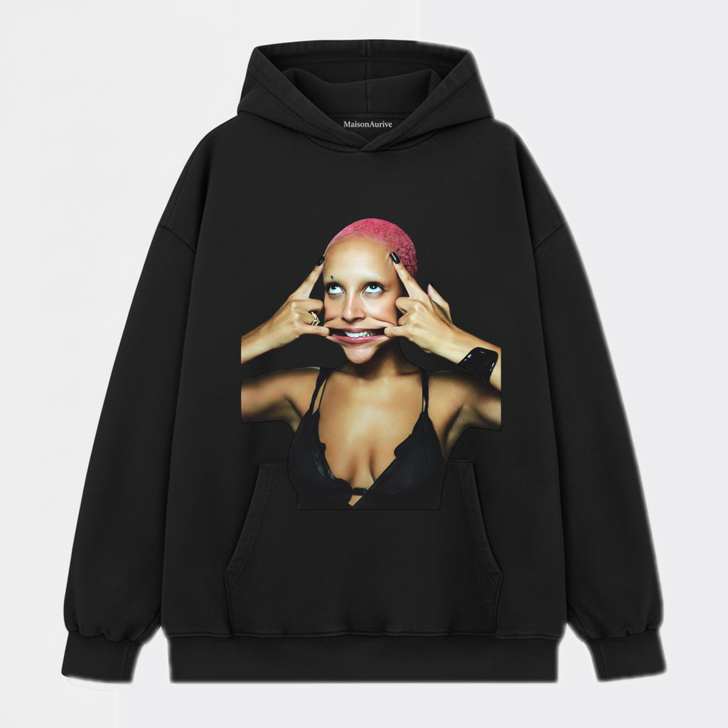 MaisonAurive Washed Hip-Hop Tee – Pink Hair Baddie Gesture Portrait Waterwashed Charcoal