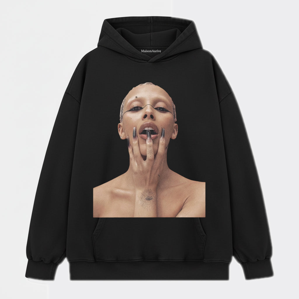 MaisonAurive Washed Hip-Hop Tee – Bald Baddie Tattoo Gesture Portrait Waterwashed Charcoal