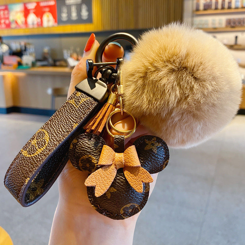 Luxury Mickey Keychain – Faux Leather & Fur Pom Charm for Handbag or Car