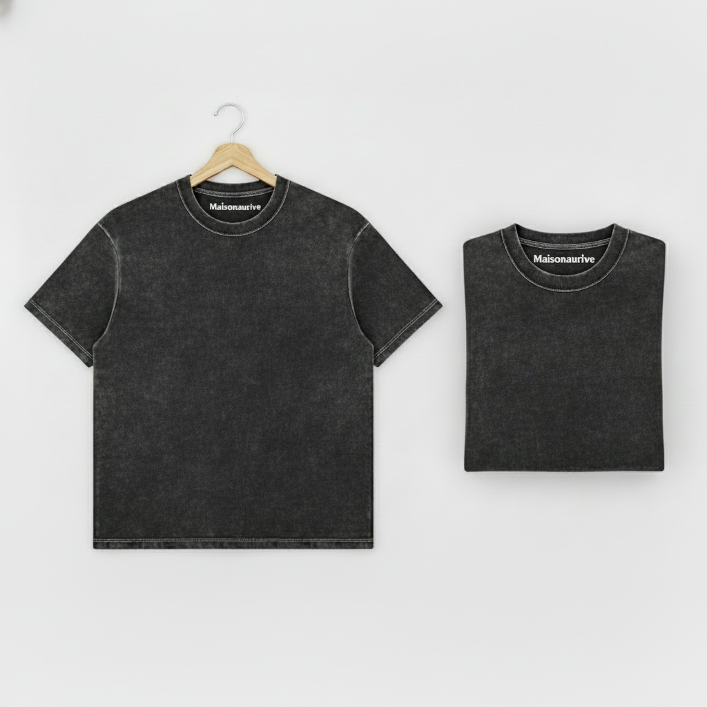 MaisonAurive Washed Hip-Hop Tee – Black | White | Waterwashed Grey