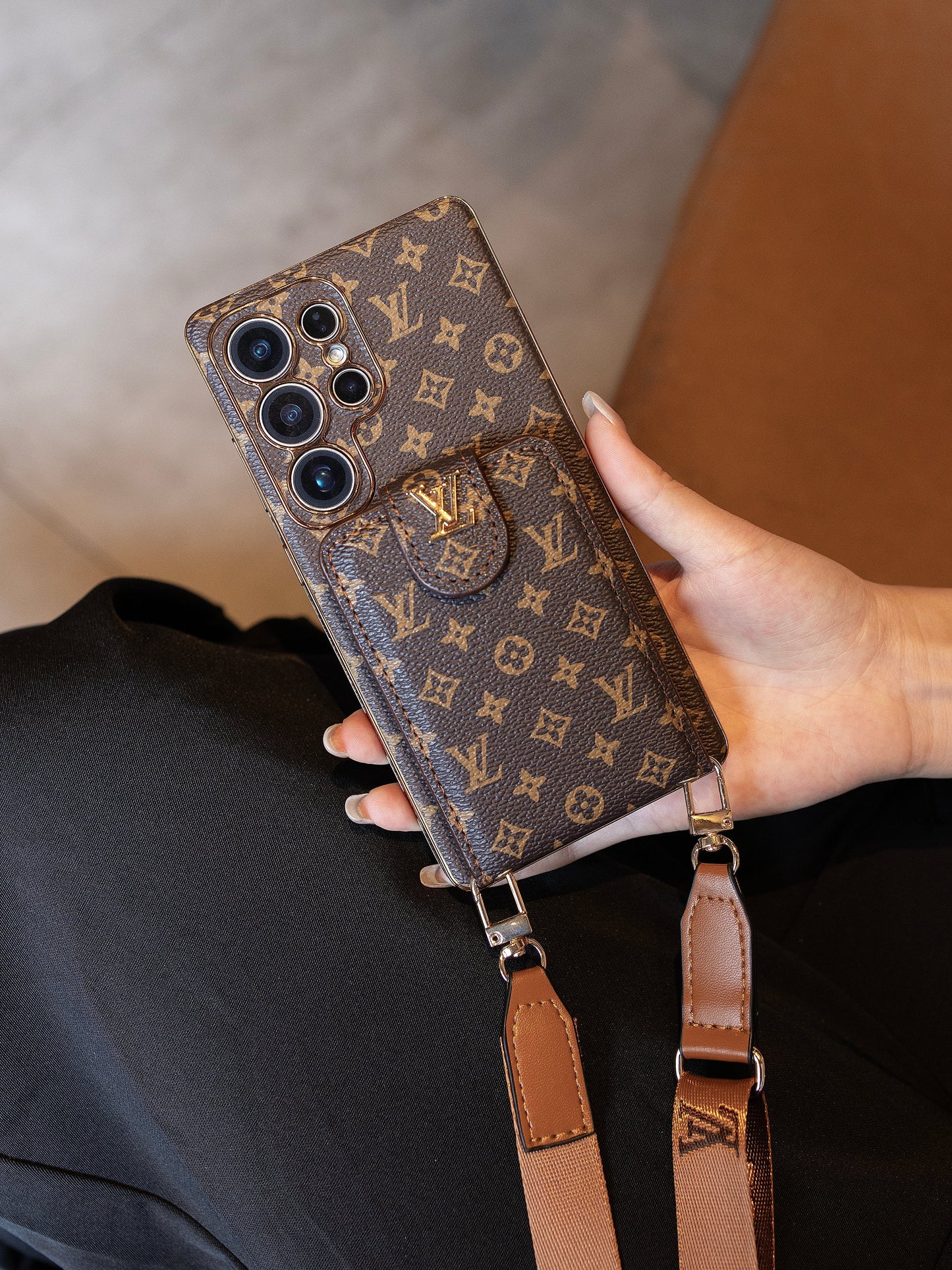 Luxury Monogram Leather Multi-Function Phone Case with Wrist Strap