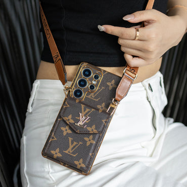 Luxury Classic Leather Samsung Case With Card Wallet And Strap