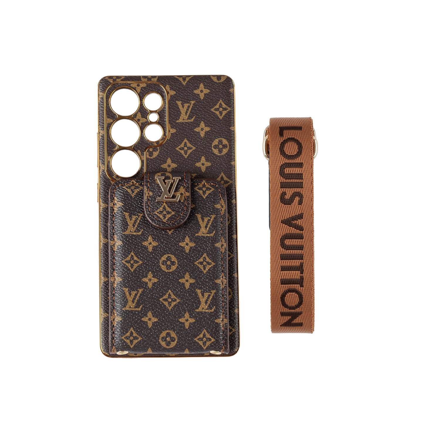 Luxury Monogram Leather Multi-Function Phone Case with Wrist Strap