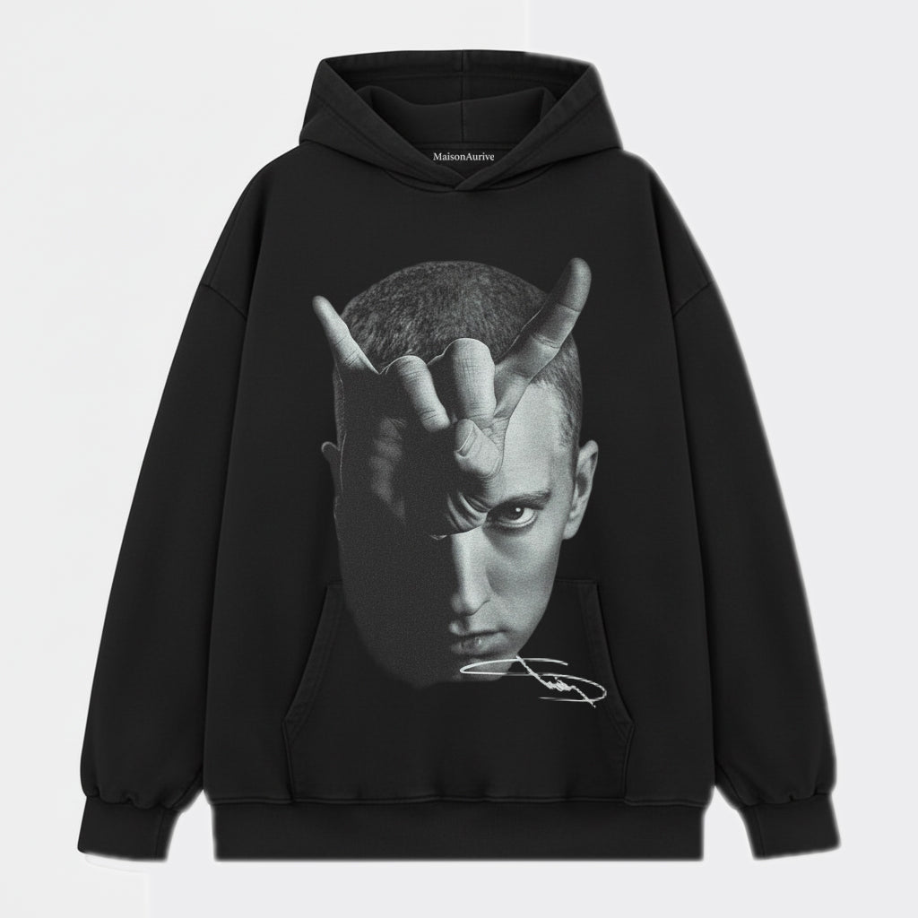 MaisonAurive ウォッシュド ヒップホップ T シャツ - ブラック |ホワイト |エミネム ジェスチャー グラフィック