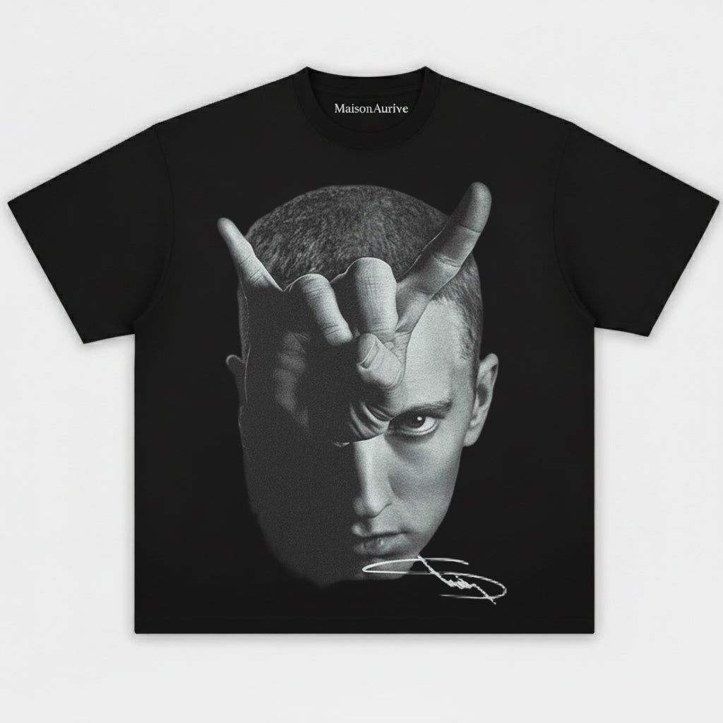 MaisonAurive ウォッシュド ヒップホップ T シャツ - ブラック |ホワイト |エミネム ジェスチャー グラフィック