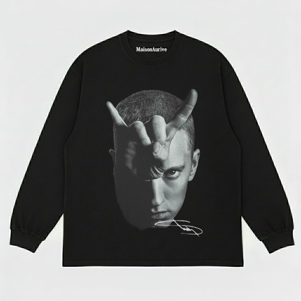 MaisonAurive ウォッシュド ヒップホップ T シャツ - ブラック |ホワイト |エミネム ジェスチャー グラフィック