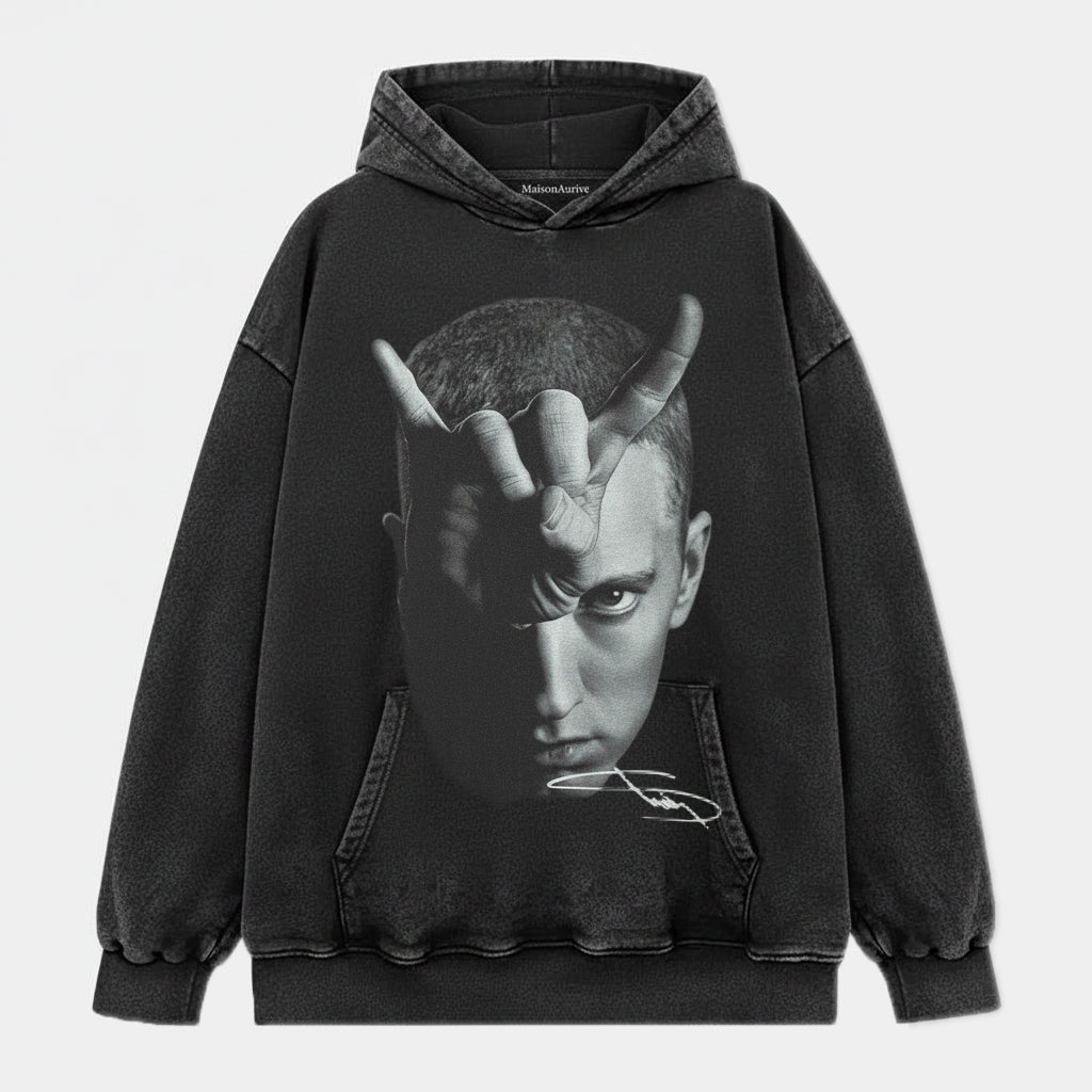 MaisonAurive ウォッシュド ヒップホップ T シャツ - ブラック |ホワイト |エミネム ジェスチャー グラフィック