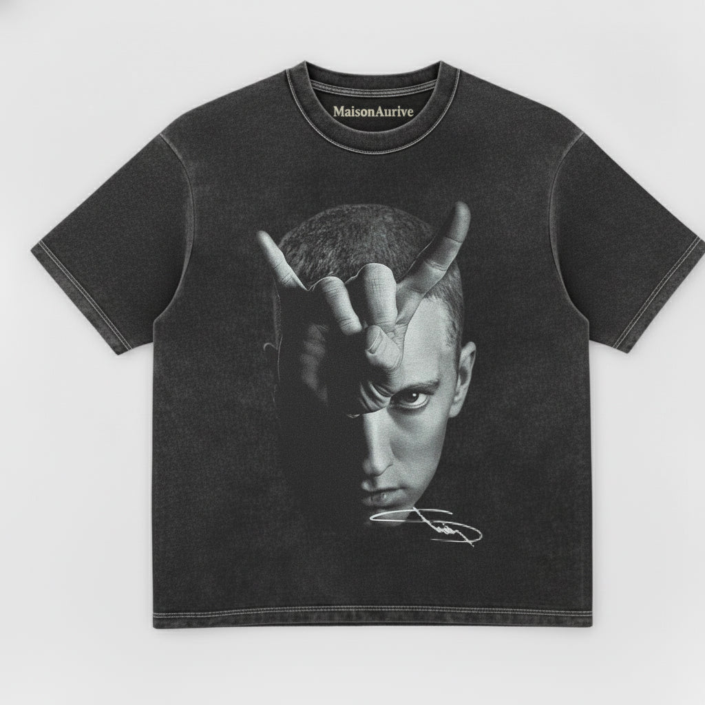 MaisonAurive ウォッシュド ヒップホップ T シャツ - ブラック |ホワイト |エミネム ジェスチャー グラフィック