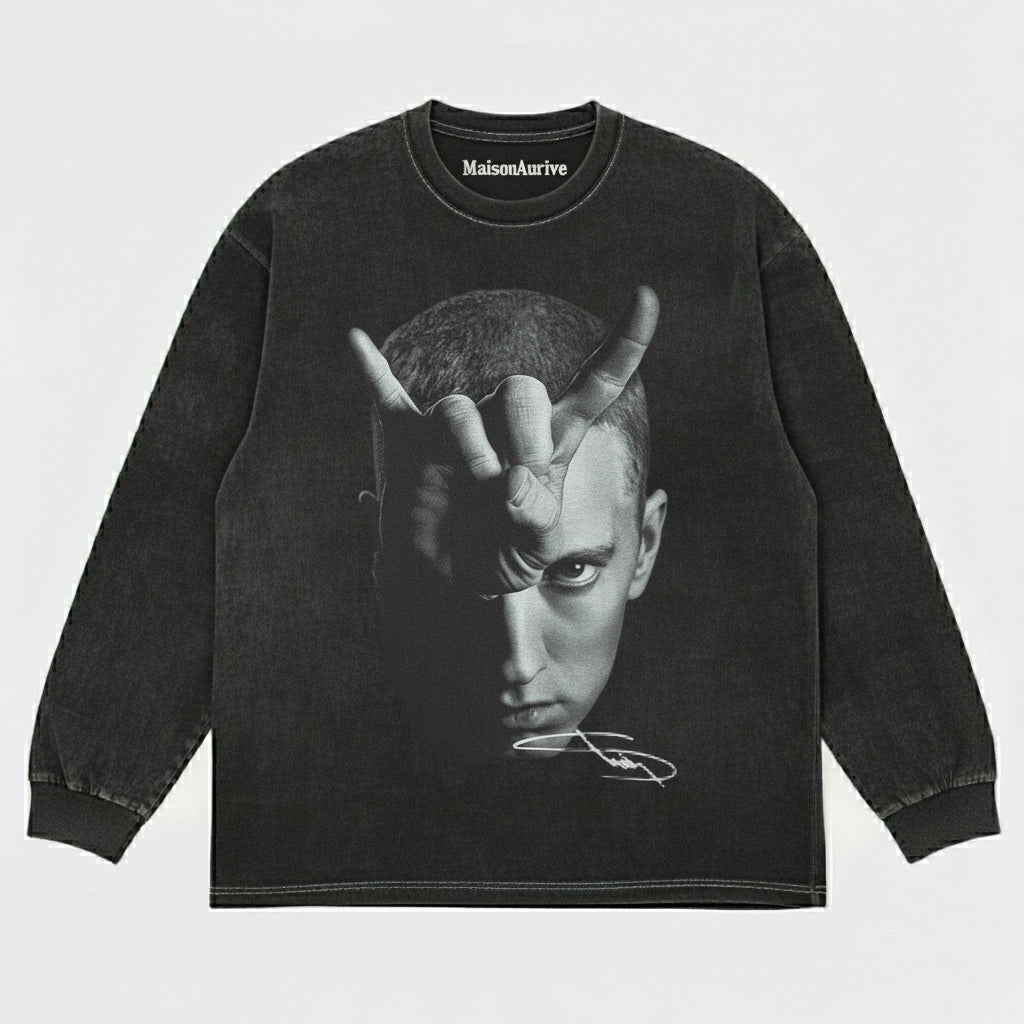 MaisonAurive ウォッシュド ヒップホップ T シャツ - ブラック |ホワイト |エミネム ジェスチャー グラフィック