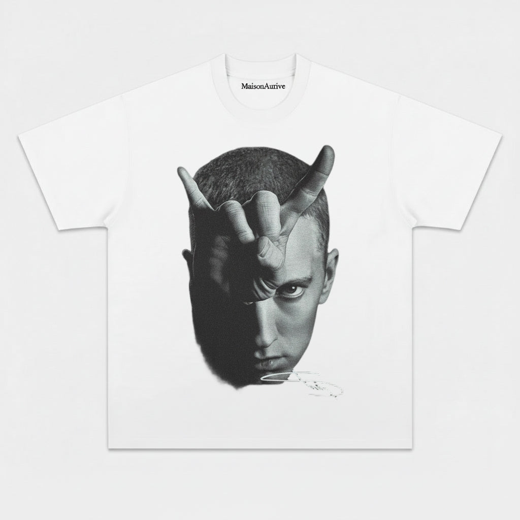 MaisonAurive ウォッシュド ヒップホップ T シャツ - ブラック |ホワイト |エミネム ジェスチャー グラフィック