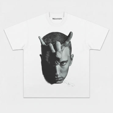 MaisonAurive ウォッシュド ヒップホップ T シャツ - ブラック |ホワイト |エミネム ジェスチャー グラフィック