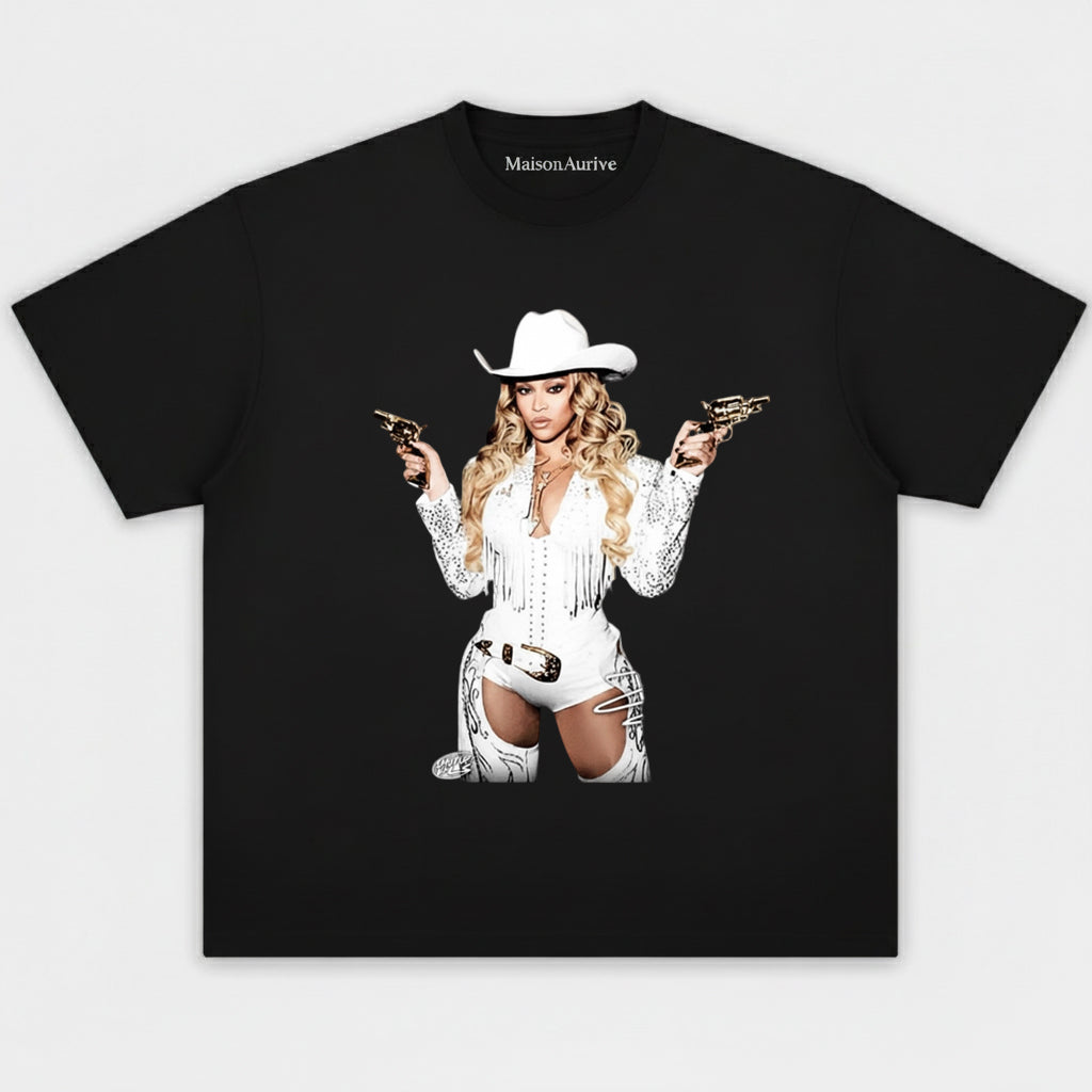 MaisonAurive T-shirt hip-hop western lavata - Cappello da cowboy Ritratto biondo Carbone lavato ad acqua