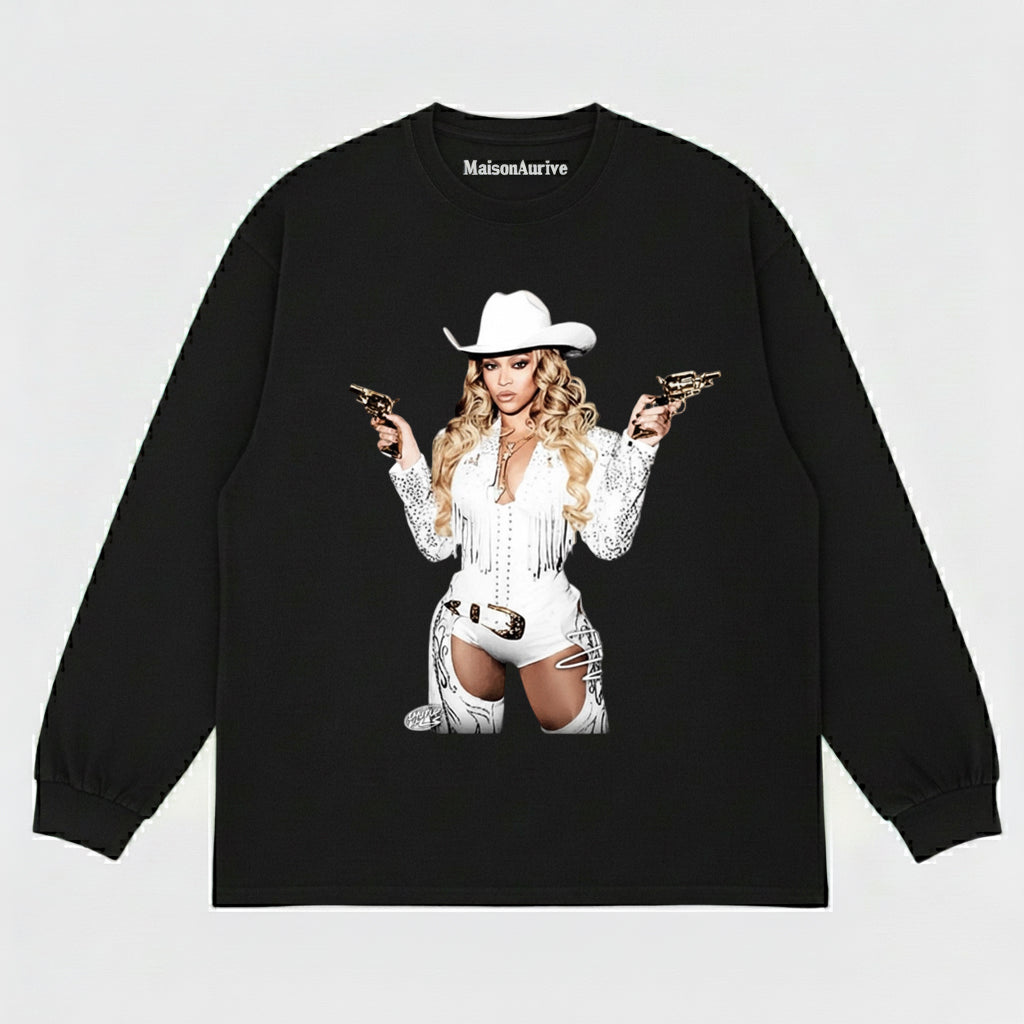 MaisonAurive T-shirt hip-hop western lavata - Cappello da cowboy Ritratto biondo Carbone lavato ad acqua