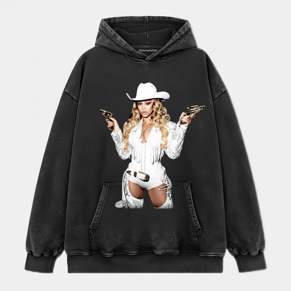 MaisonAurive T-shirt hip-hop western lavata - Cappello da cowboy Ritratto biondo Carbone lavato ad acqua