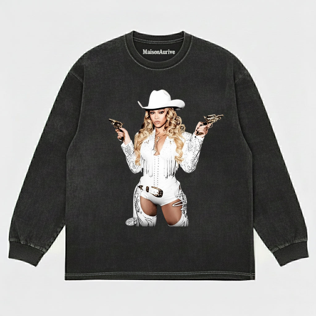 MaisonAurive T-shirt hip-hop western lavata - Cappello da cowboy Ritratto biondo Carbone lavato ad acqua