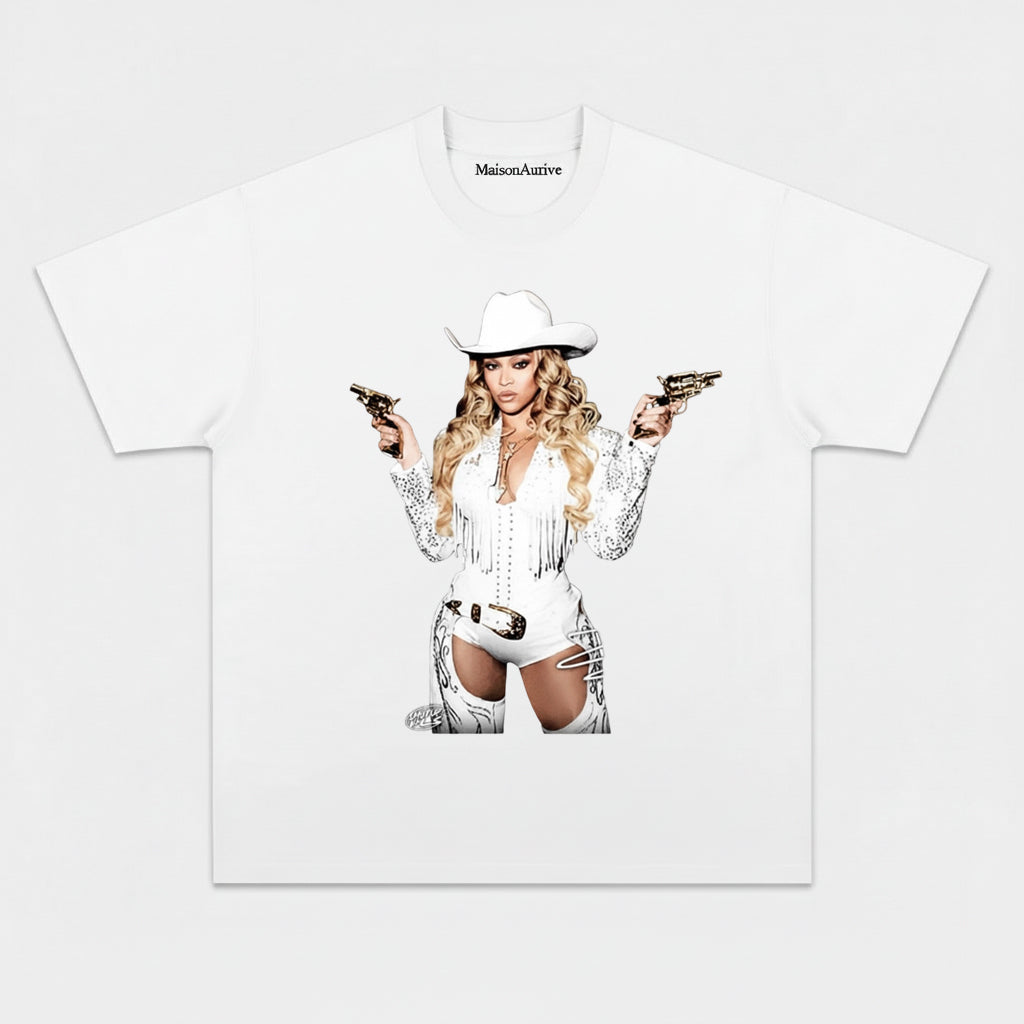 MaisonAurive T-shirt hip-hop western lavata - Cappello da cowboy Ritratto biondo Carbone lavato ad acqua