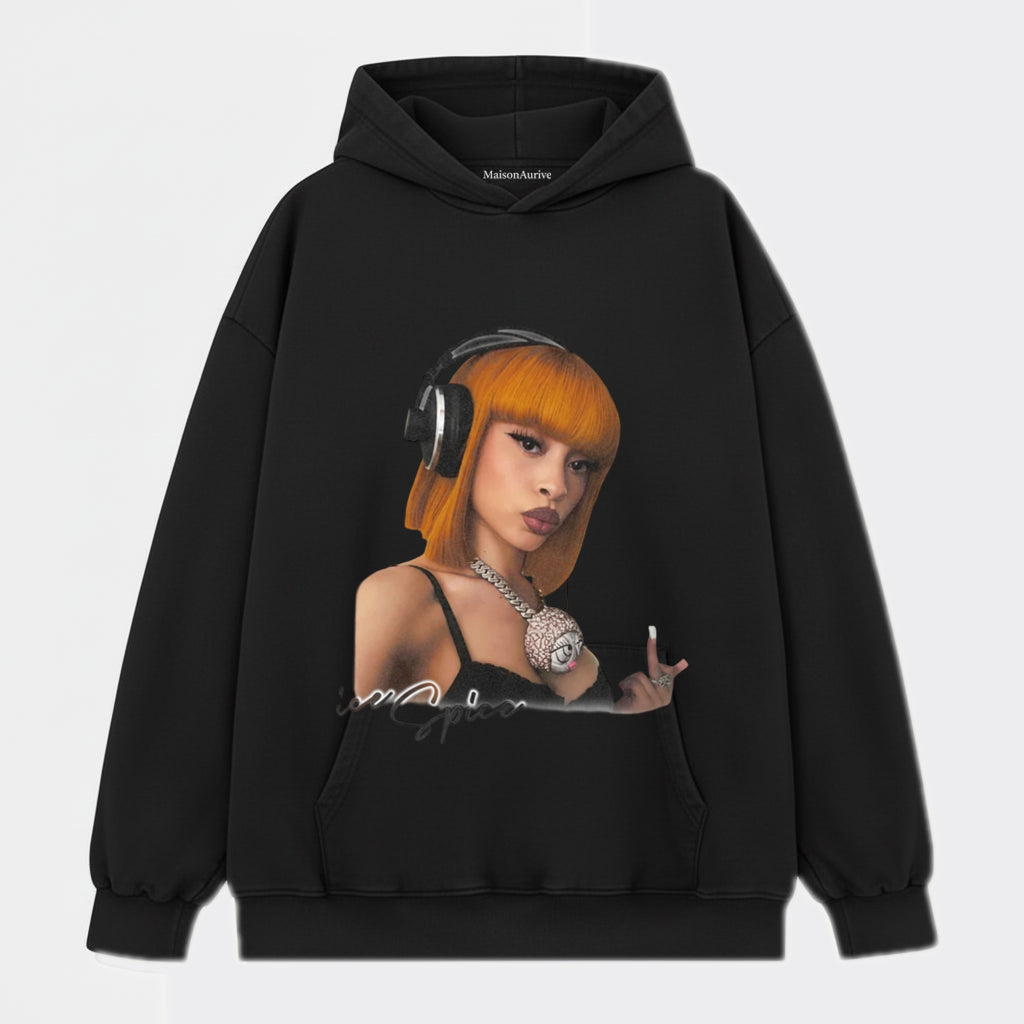 MaisonAurive Washed Hip-Hop Tee – Orange Bob Hair Headphone Portrait Waterwashed Charcoal