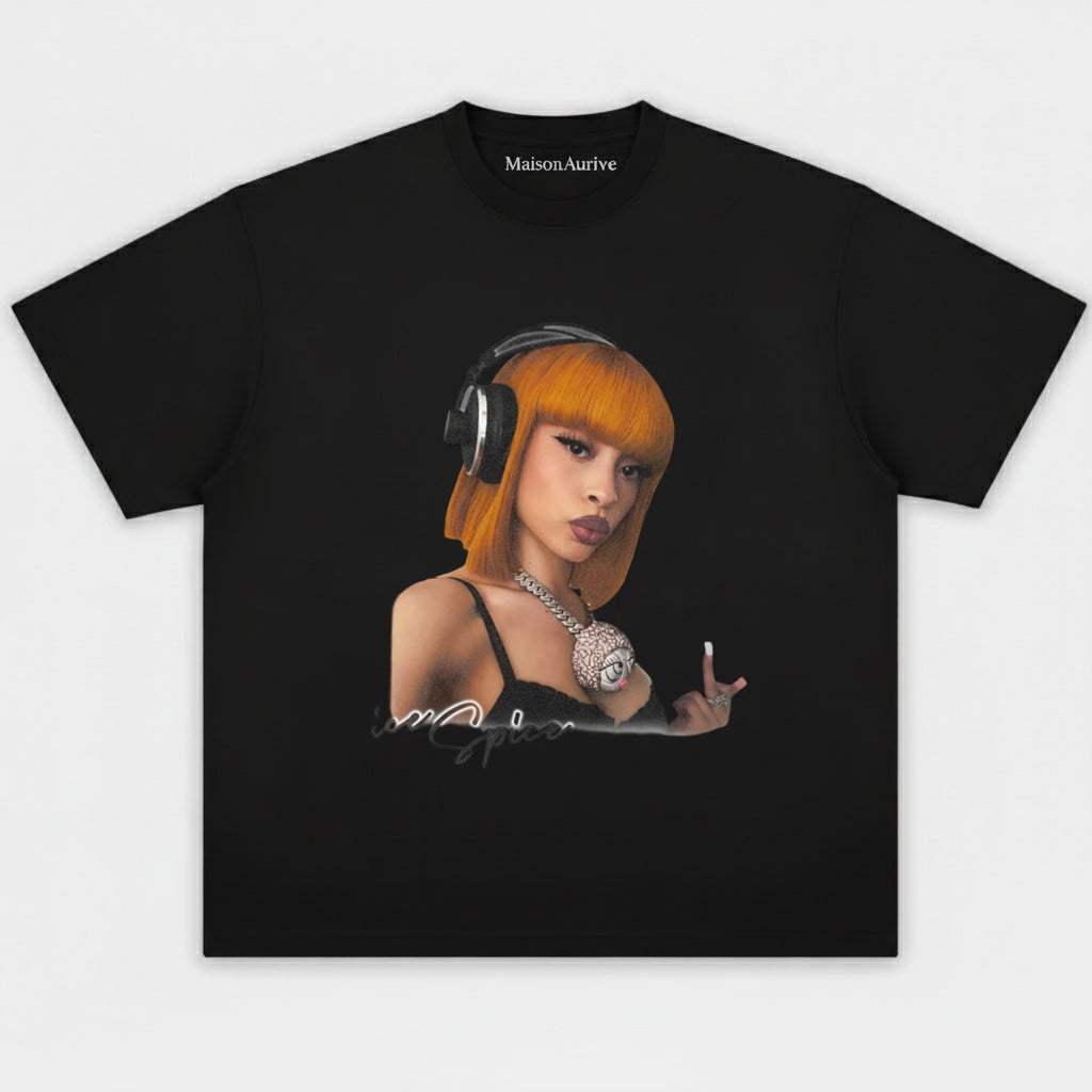 MaisonAurive Washed Hip-Hop Tee – Orange Bob Hair Headphone Portrait Waterwashed Charcoal