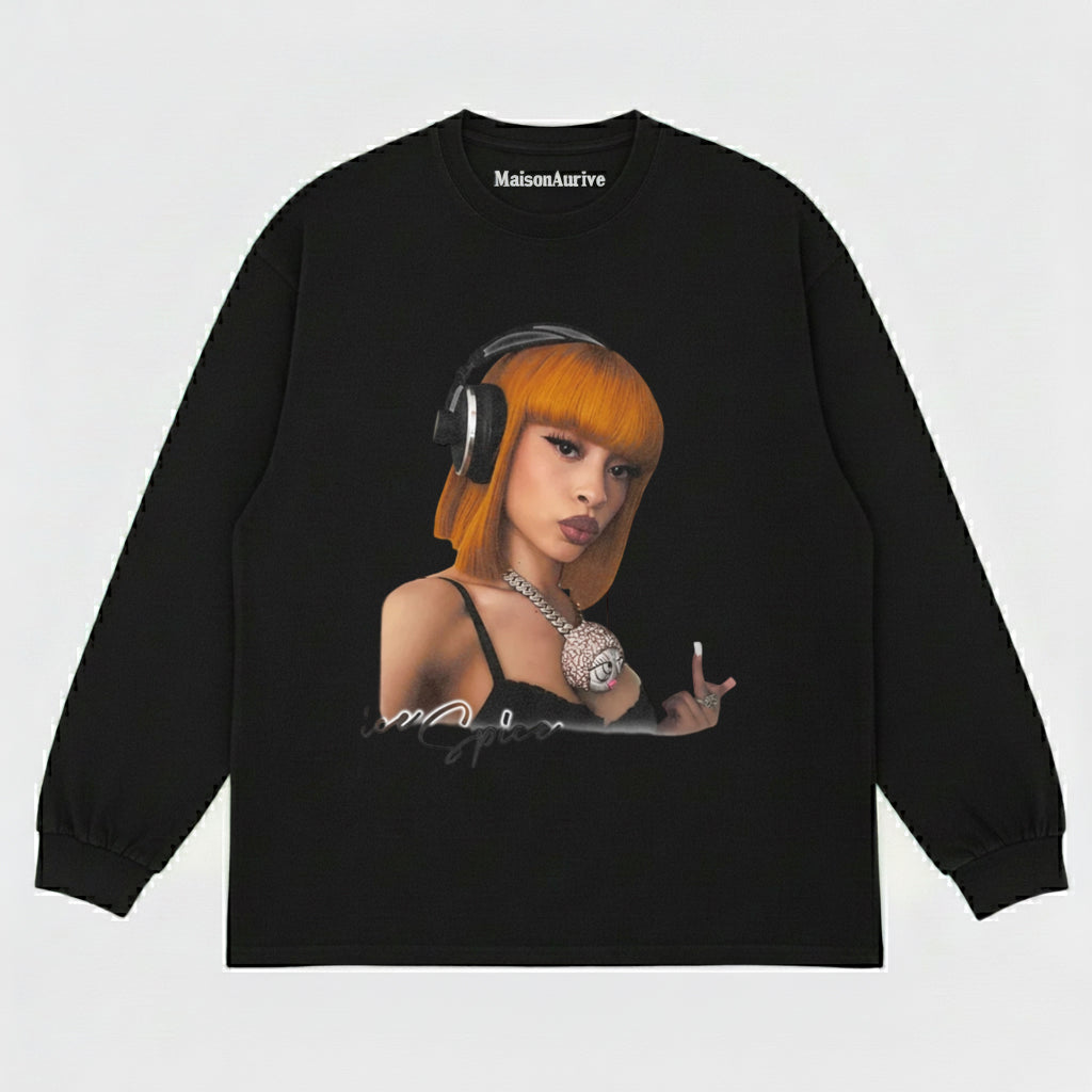 MaisonAurive Washed Hip-Hop Tee – Orange Bob Hair Headphone Portrait Waterwashed Charcoal
