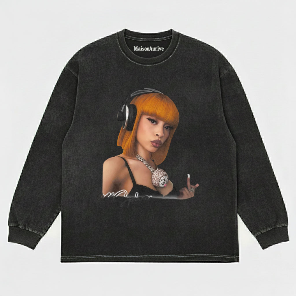 MaisonAurive Washed Hip-Hop Tee – Orange Bob Hair Headphone Portrait Waterwashed Charcoal