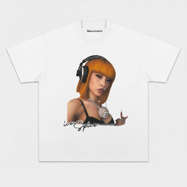MaisonAurive Washed Hip-Hop Tee – Orange Bob Hair Headphone Portrait Waterwashed Charcoal