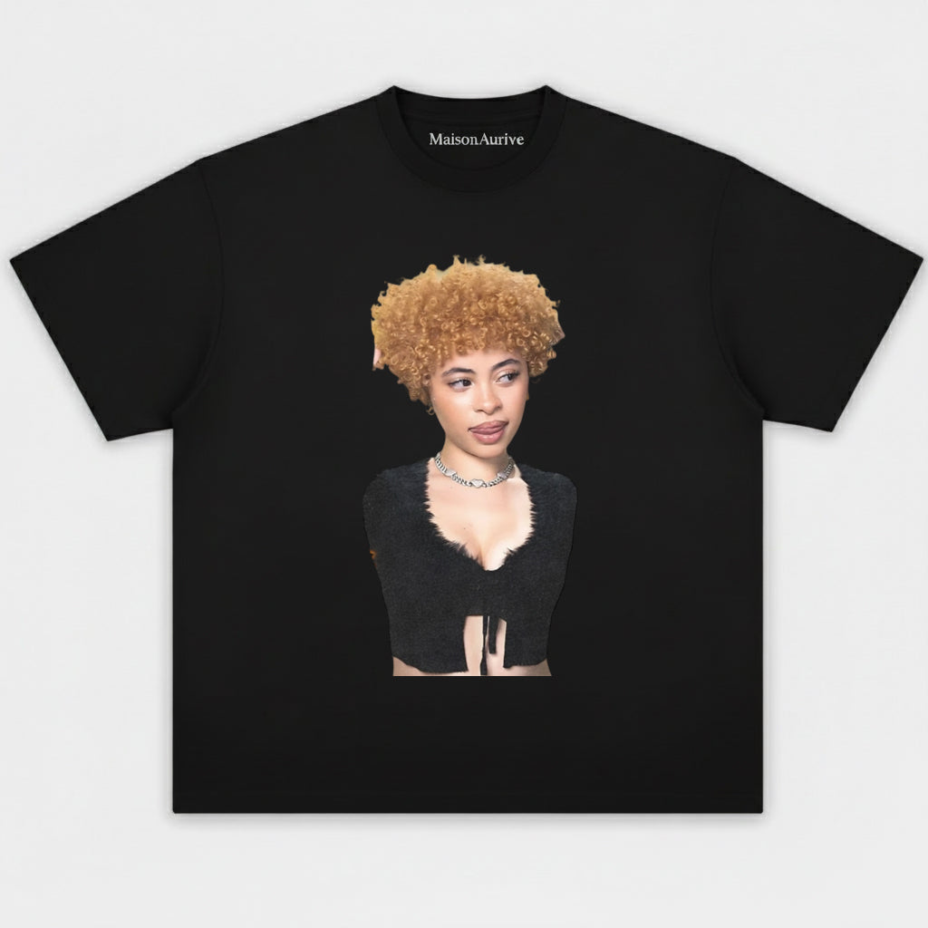 मैसनऑरिव वॉश्ड हिप-हॉप टी - घुंघराले सुनहरे बाल ब्लिंग चेन पोर्ट्रेट वॉटरवॉश चारकोल
