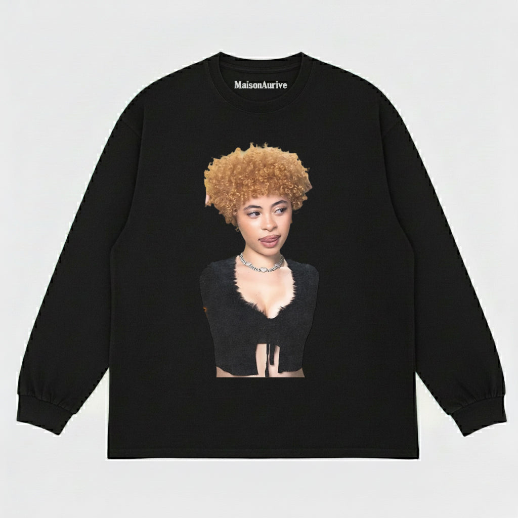 मैसनऑरिव वॉश्ड हिप-हॉप टी - घुंघराले सुनहरे बाल ब्लिंग चेन पोर्ट्रेट वॉटरवॉश चारकोल