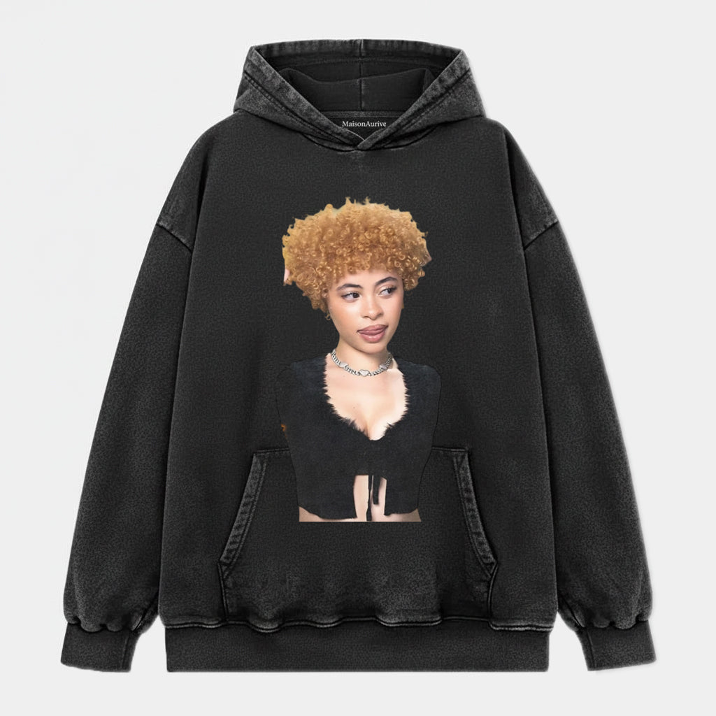 मैसनऑरिव वॉश्ड हिप-हॉप टी - घुंघराले सुनहरे बाल ब्लिंग चेन पोर्ट्रेट वॉटरवॉश चारकोल