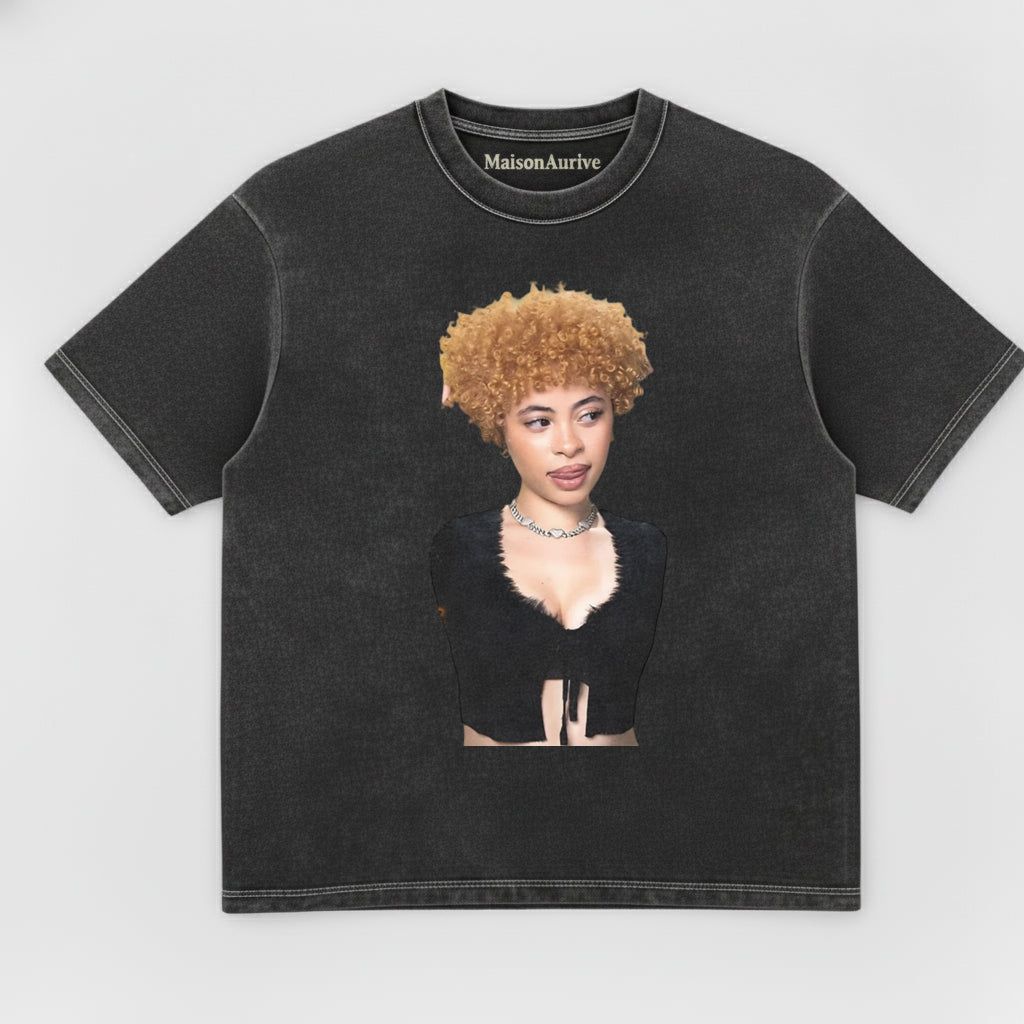मैसनऑरिव वॉश्ड हिप-हॉप टी - घुंघराले सुनहरे बाल ब्लिंग चेन पोर्ट्रेट वॉटरवॉश चारकोल