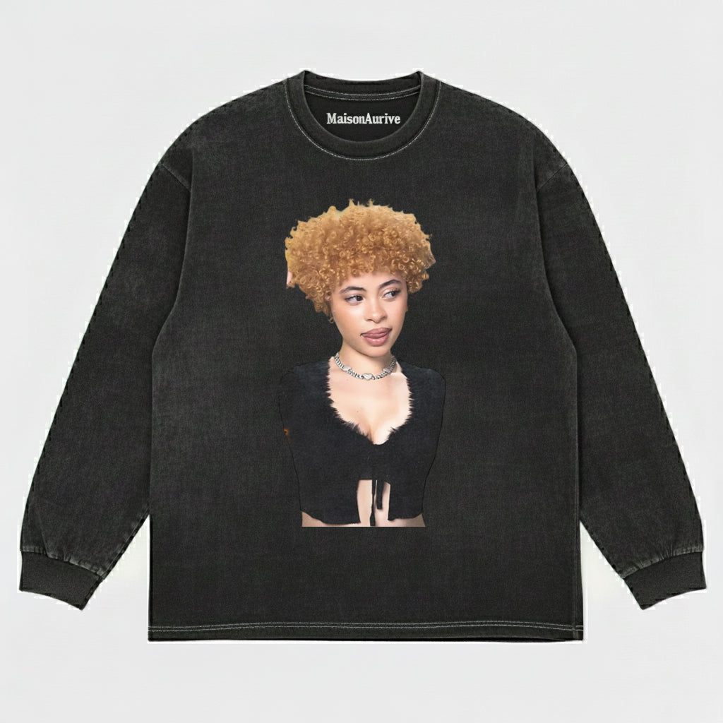 मैसनऑरिव वॉश्ड हिप-हॉप टी - घुंघराले सुनहरे बाल ब्लिंग चेन पोर्ट्रेट वॉटरवॉश चारकोल