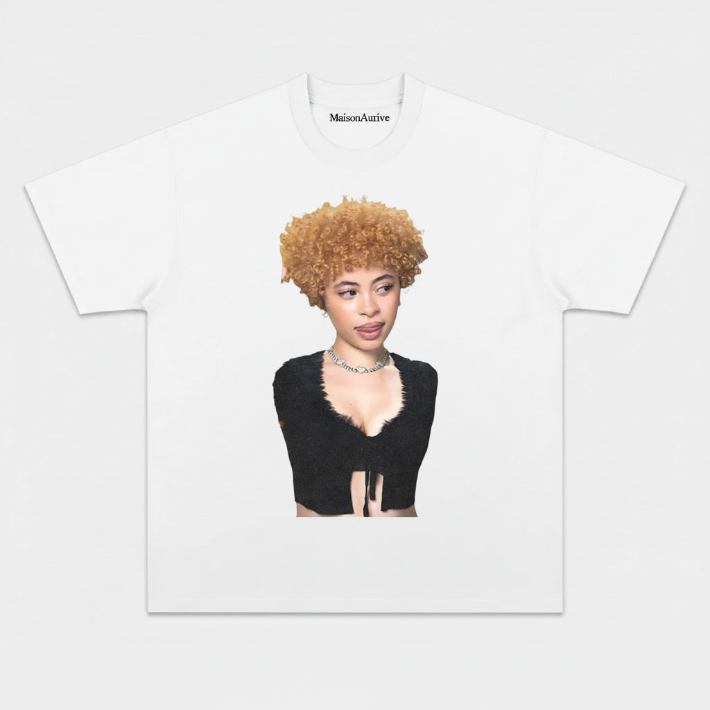 मैसनऑरिव वॉश्ड हिप-हॉप टी - घुंघराले सुनहरे बाल ब्लिंग चेन पोर्ट्रेट वॉटरवॉश चारकोल