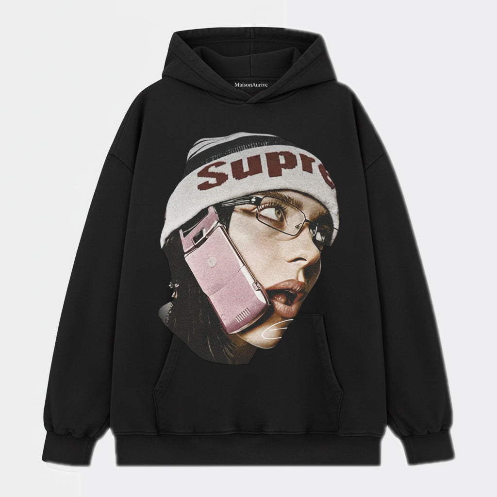 MaisonAurive 水洗前衛街頭 T 卹 – 復古手機 & 無簷小便帽肖像水洗木炭