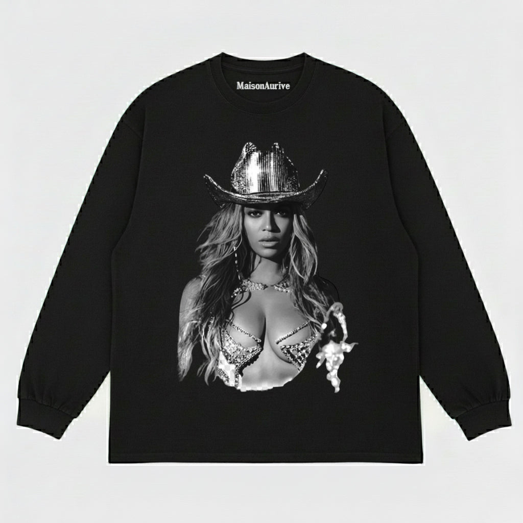 MaisonNeuve 水洗前衛街頭 T 卹 – Beyoncé 牛仔舞台肖像水洗木炭