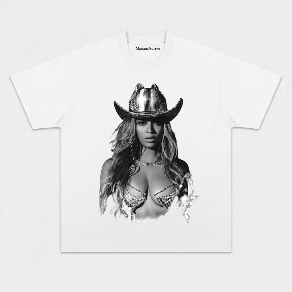 MaisonNeuve 水洗前衛街頭 T 卹 – Beyoncé 牛仔舞台肖像水洗木炭