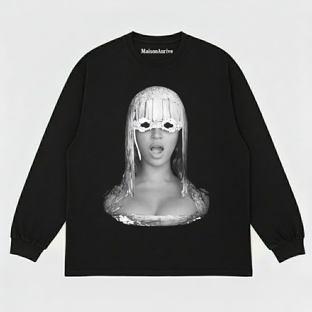 मैसनन्यूवे वॉश्ड एजी स्ट्रीट टी - बेयोंसे फ्रिंज मास्क पोर्ट्रेट वॉटर वॉश्ड चारकोल