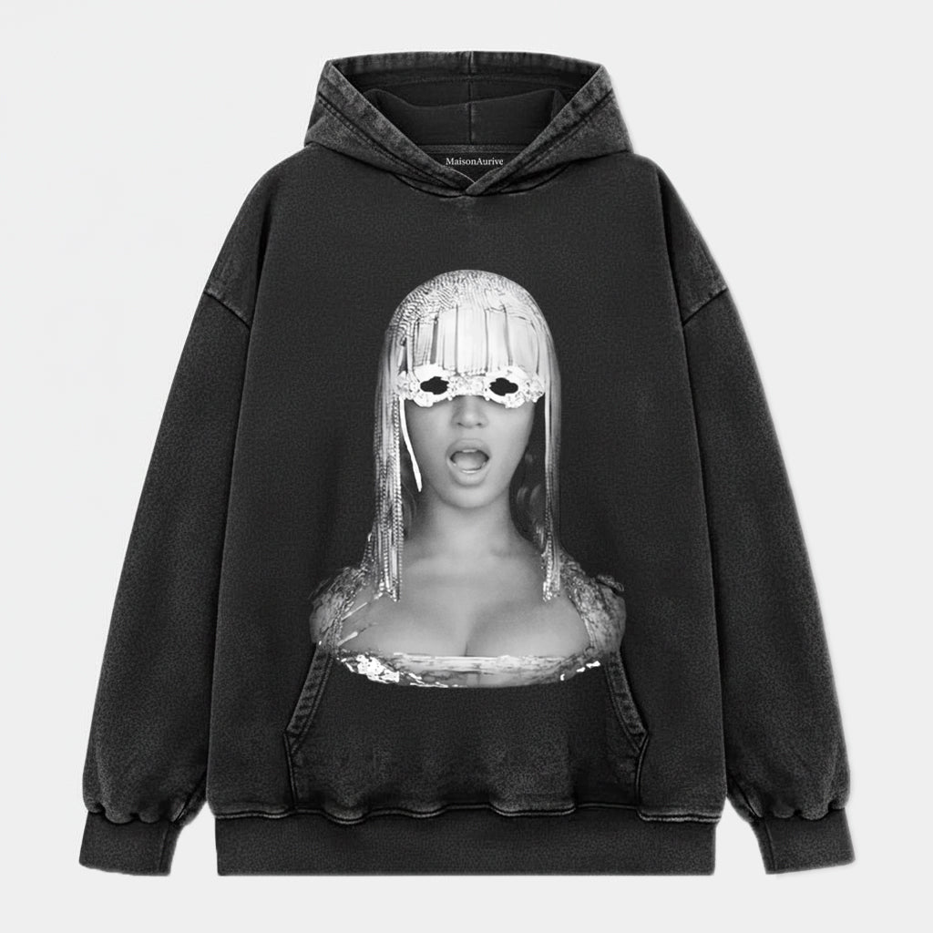 मैसनन्यूवे वॉश्ड एजी स्ट्रीट टी - बेयोंसे फ्रिंज मास्क पोर्ट्रेट वॉटर वॉश्ड चारकोल