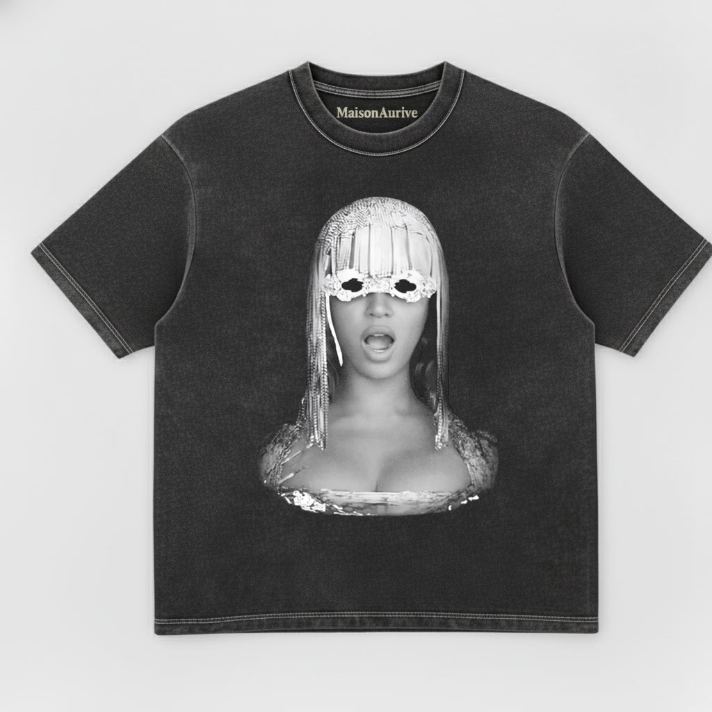 मैसनन्यूवे वॉश्ड एजी स्ट्रीट टी - बेयोंसे फ्रिंज मास्क पोर्ट्रेट वॉटर वॉश्ड चारकोल