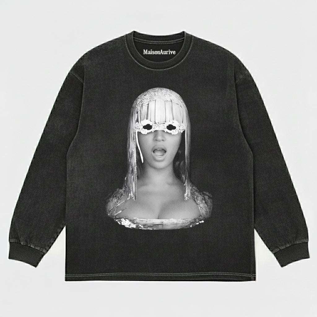 मैसनन्यूवे वॉश्ड एजी स्ट्रीट टी - बेयोंसे फ्रिंज मास्क पोर्ट्रेट वॉटर वॉश्ड चारकोल