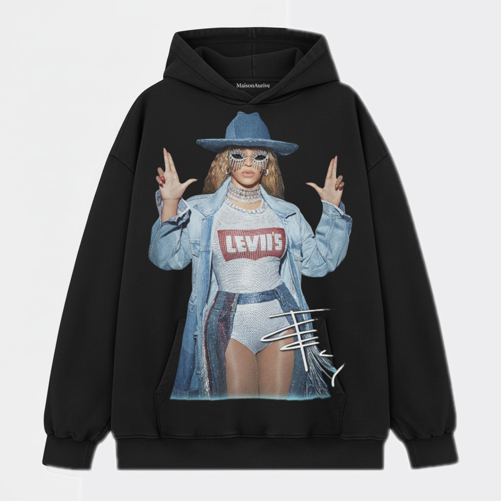 MaisonAurive Washed Edgy Street Tee – Beyoncé Cowboy Rhinestone Mask Portrait Waterwashed Charcoal