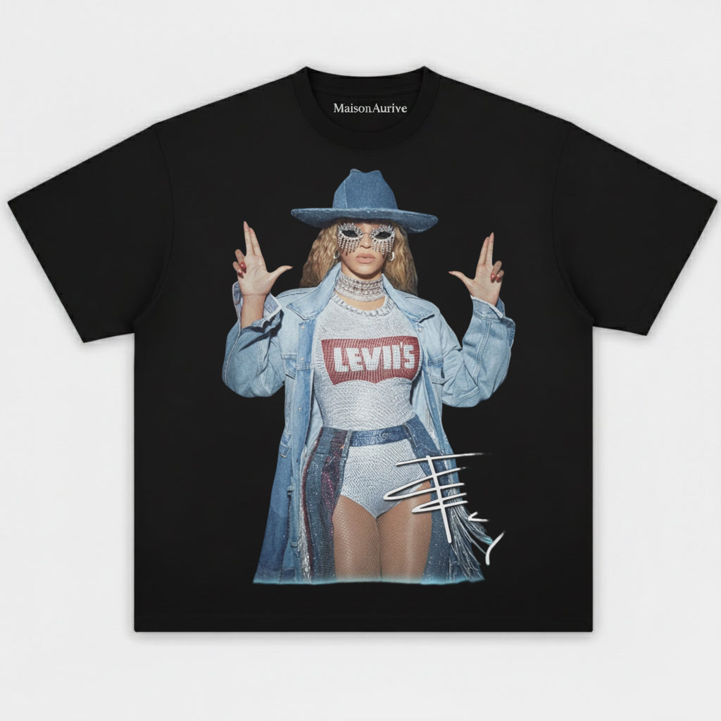 MaisonAurive Washed Edgy Street Tee – Beyoncé Cowboy Rhinestone Mask Portrait Waterwashed Charcoal