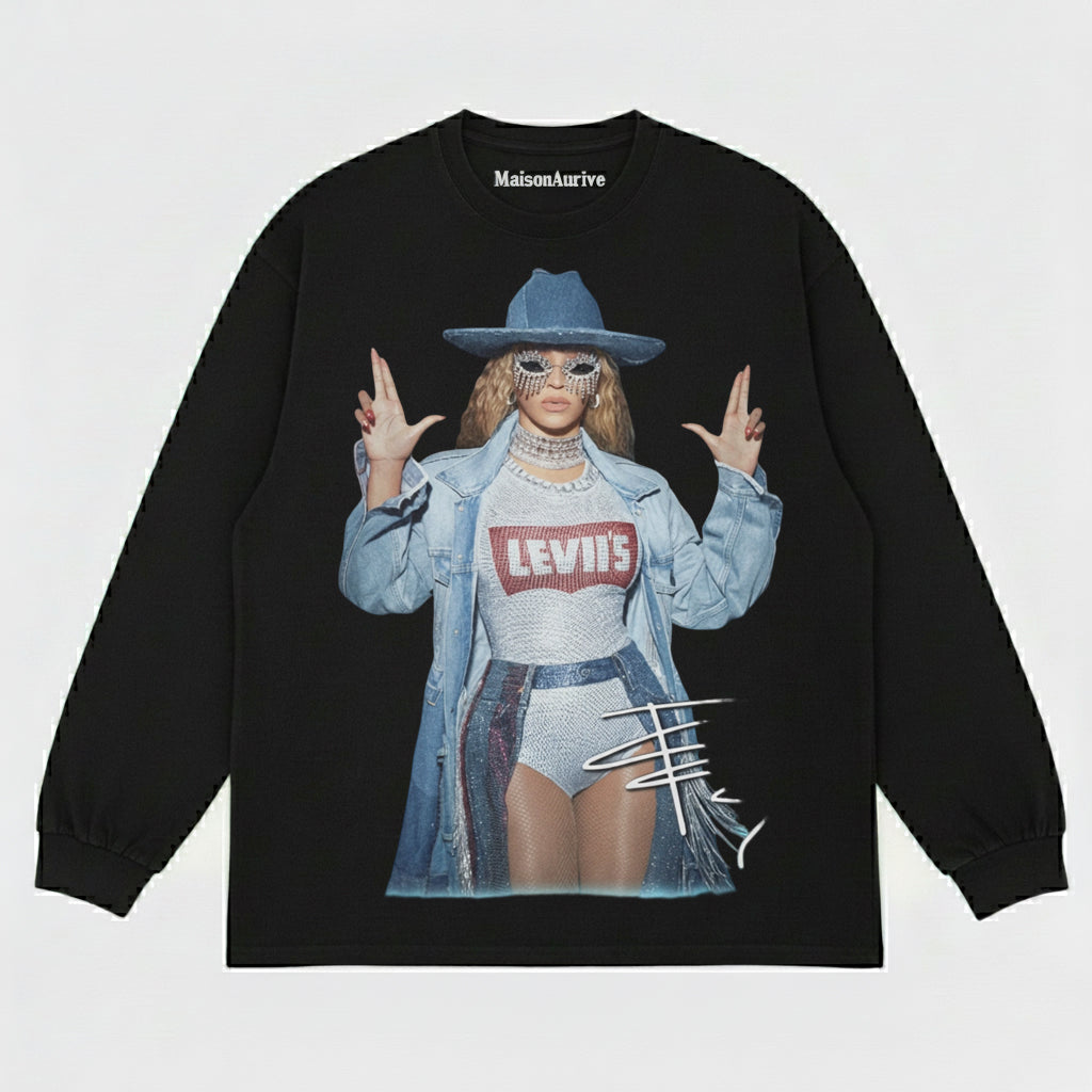 MaisonAurive Washed Edgy Street Tee – Beyoncé Cowboy Rhinestone Mask Portrait Waterwashed Charcoal